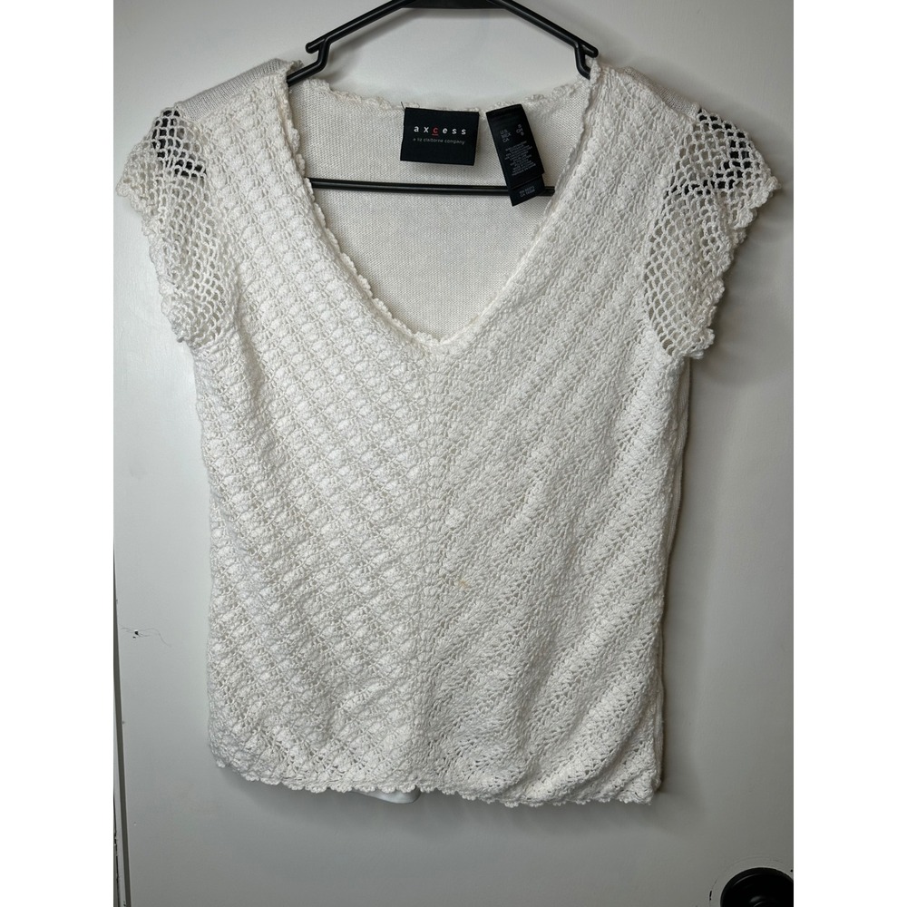Axcess Liz Claiborne Womens White Crochet Knit V-Neck Short Sleeve Top Small